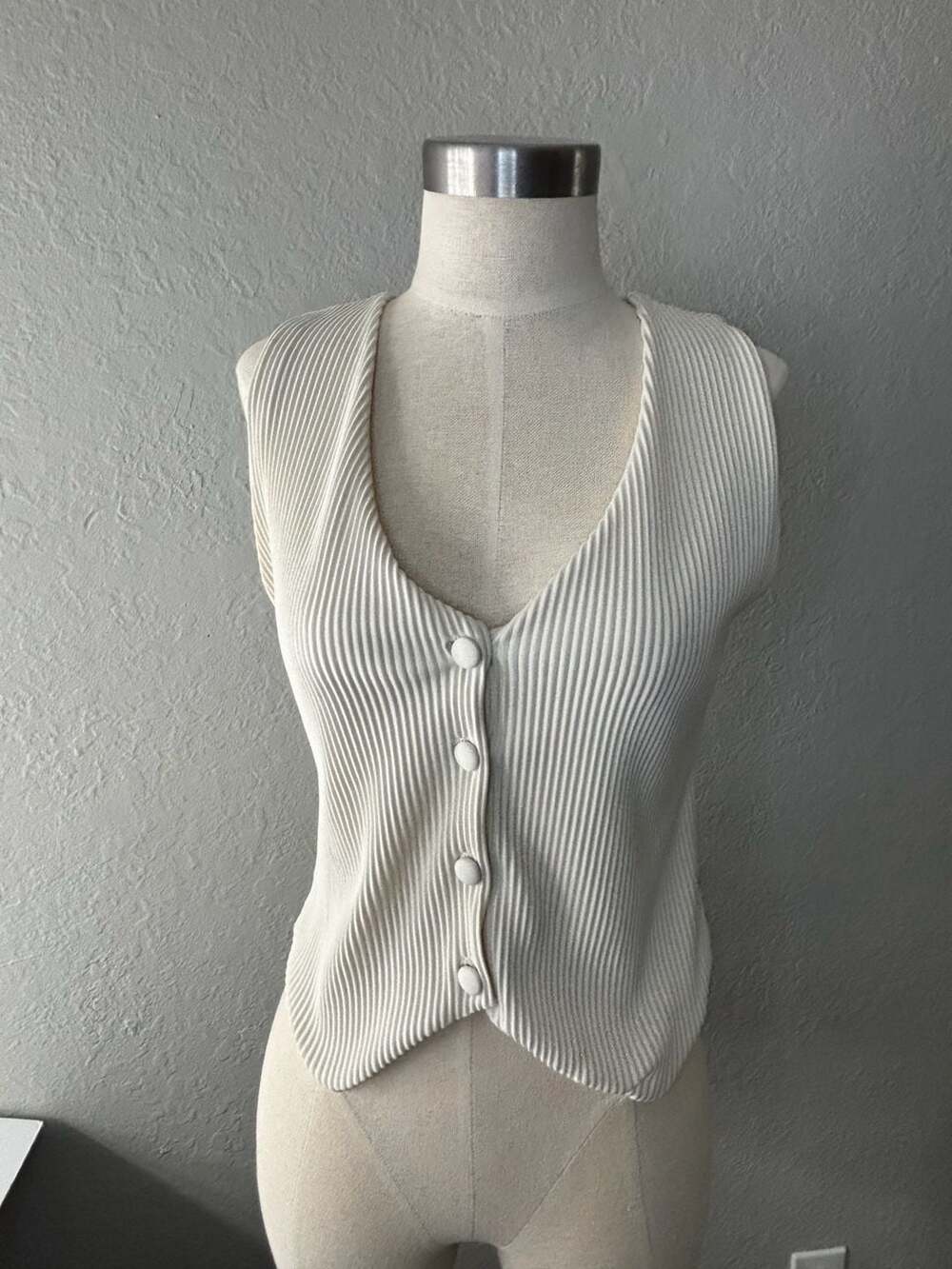 by Anthropologie Ribbed Button-Front Vest, Size XS, Cream